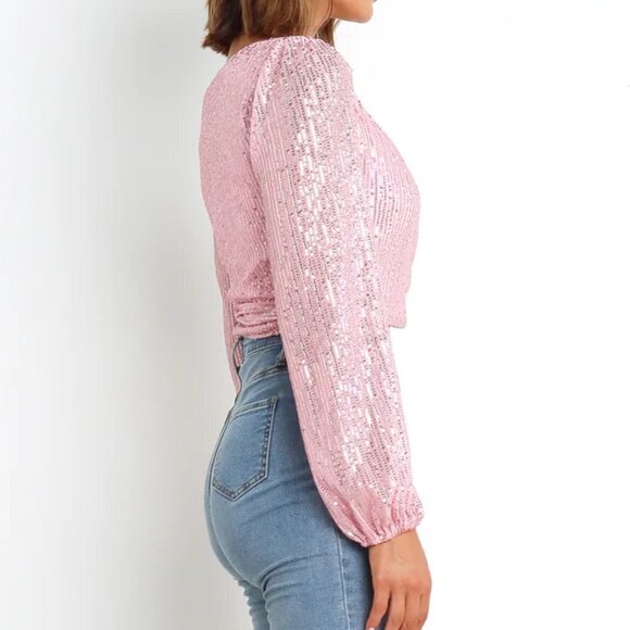 NWT Petal & Pup Wrap Style Beaded Crop Pink Top Glitz, size 0 (XS) - Picture 3 of 8